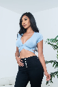 Shimmering Satin Cap Sleeve Plunge V Neck Crop Top with Tie Back in Cloud Blue