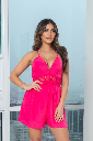 V-Neck Satin Romper Lace Detail On Waist, Back with Zipper And Half Lining