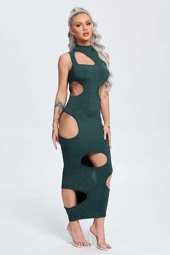 Round Neck Hollow-out Maxi Dress Black